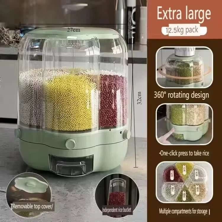 360° Rotating Rice Dispenser – 6-Grid Dry Grain Storage Box