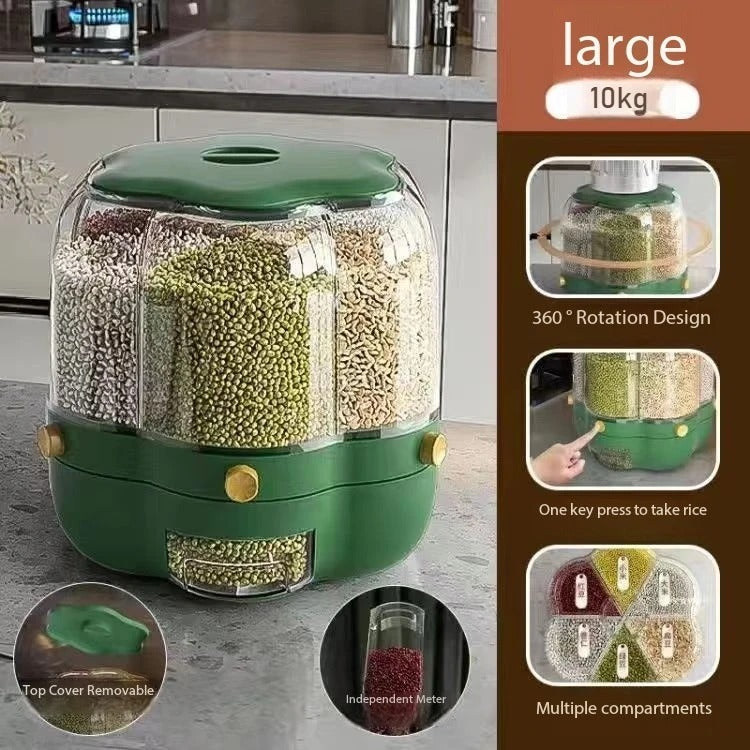 360° Rotating Rice Dispenser – 6-Grid Dry Grain Storage Box