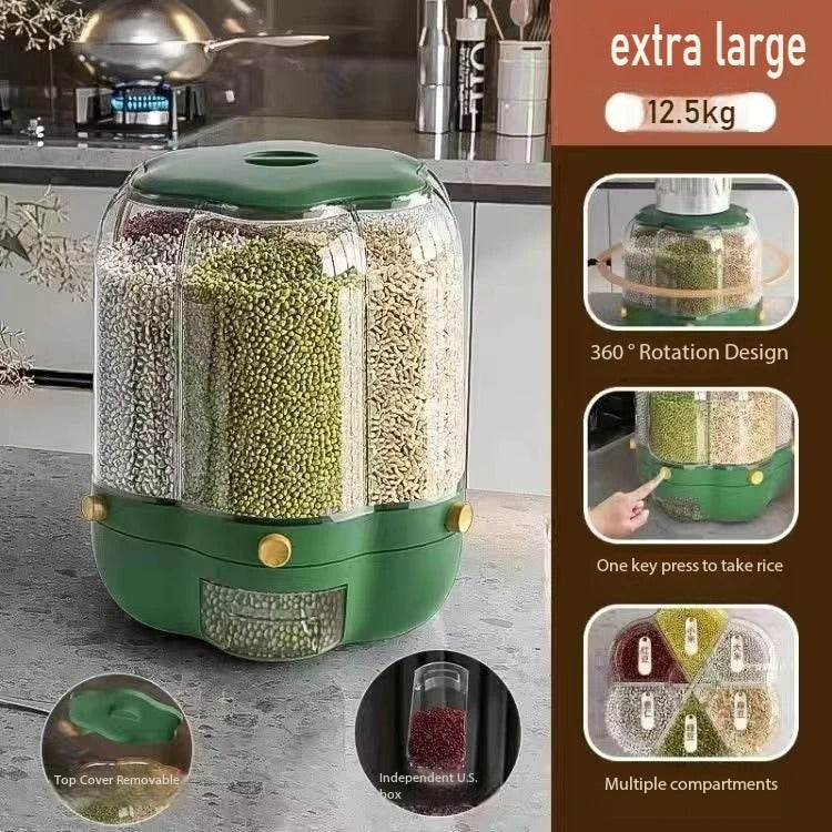 360° Rotating Rice Dispenser – 6-Grid Dry Grain Storage Box