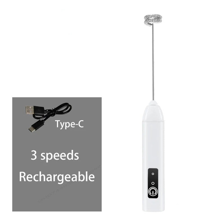 Type-C Rechargeable Milk Frother with USB-C cable, Type-C Rechargeable Milk Frother creating coffee foam, Type-C Rechargeable Milk Frother stainless steel body, Type-C Rechargeable Milk Frother portable handheld design, Type-C Rechargeable Milk Frother frothing cup of latte