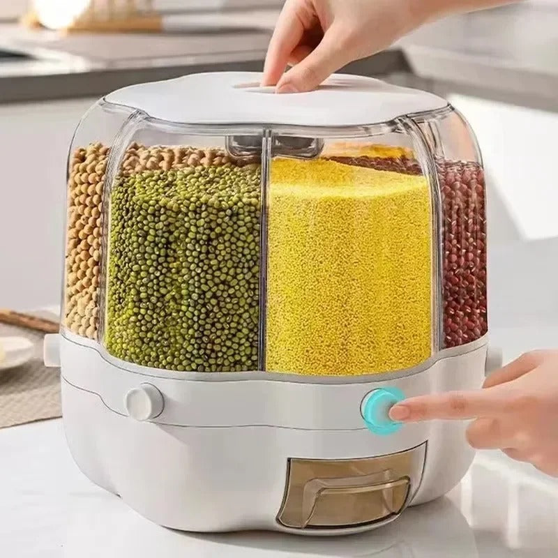 360° Rotating Rice Dispenser – 6-Grid Dry Grain Storage Box