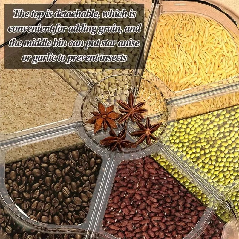 360° Rotating Rice Dispenser – 6-Grid Dry Grain Storage Box