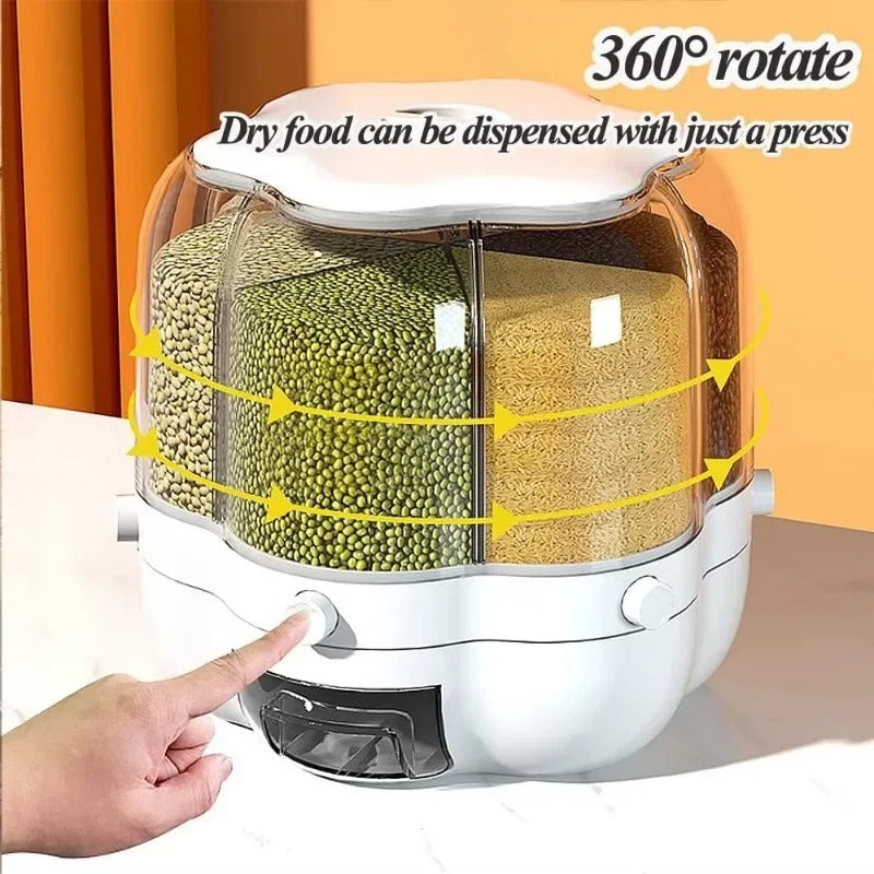 360° Rotating Rice Dispenser – 6-Grid Dry Grain Storage Box
