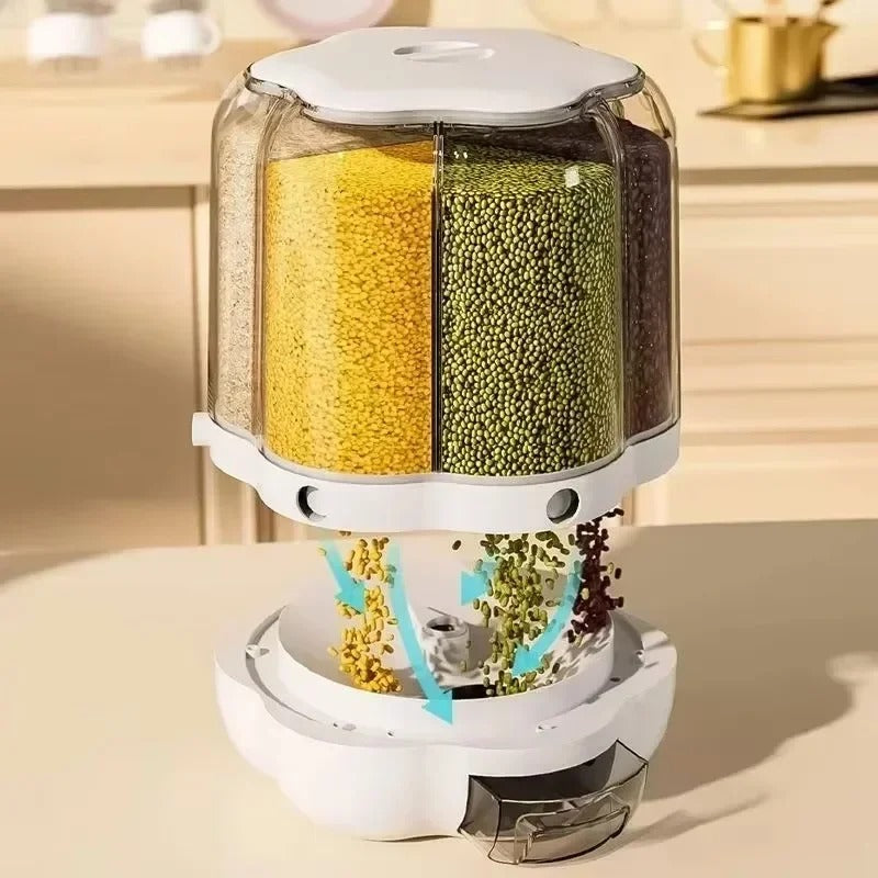 360° Rotating Rice Dispenser – 6-Grid Dry Grain Storage Box