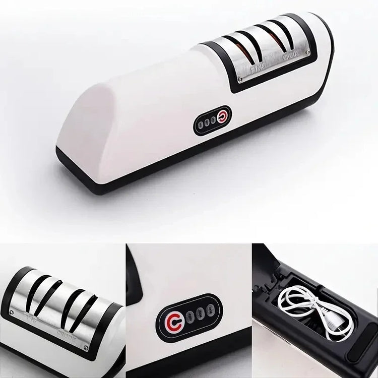 Electric Kitchen Knife Sharpener on countertop, Electric Kitchen Knife Sharpener dual-stage slots, Electric Kitchen Knife Sharpener ergonomic handle, Electric Kitchen Knife Sharpener sharpening a chef knife, Electric Kitchen Knife Sharpener compact design