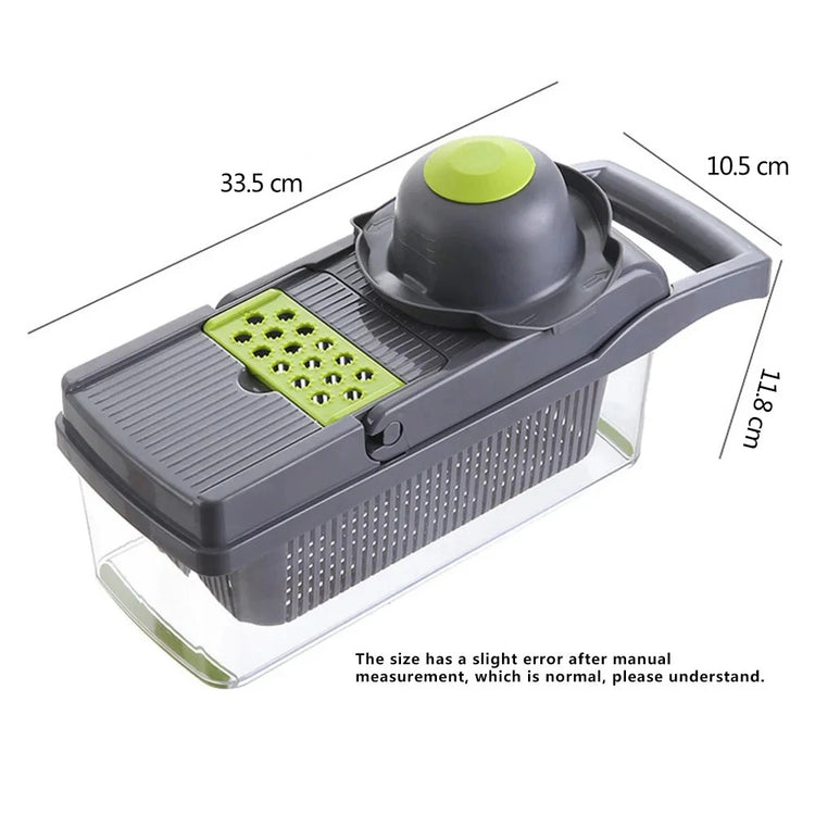 Multifunctional Vegetable Chopper with 8 blades, Multifunctional Vegetable Chopper and 1.2 L container, Multifunctional Vegetable Chopper slicing vegetables, Multifunctional Vegetable Chopper non-slip base in kitchen, Multifunctional Vegetable Chopper dishwasher-safe parts