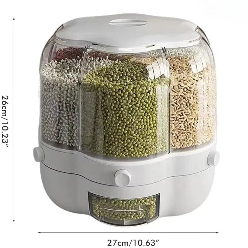 360° Rotating Rice Dispenser – 6-Grid Dry Grain Storage Box