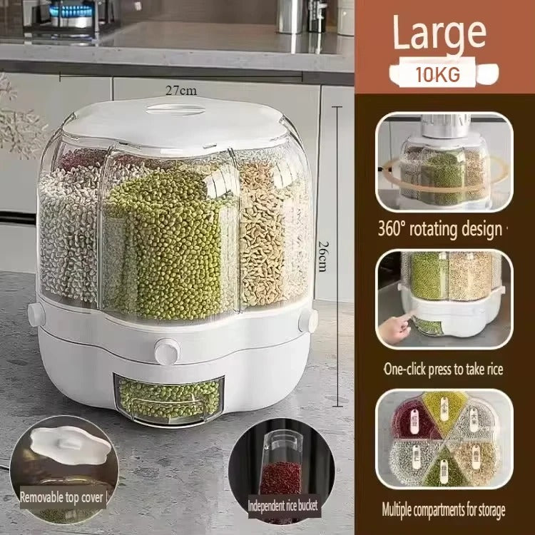 360° Rotating Rice Dispenser – 6-Grid Dry Grain Storage Box