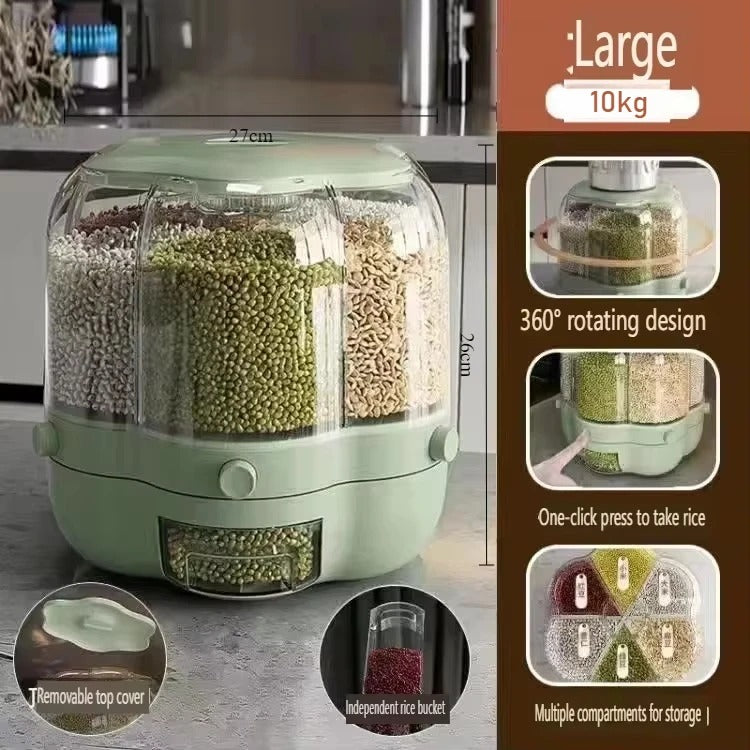 360° Rotating Rice Dispenser – 6-Grid Dry Grain Storage Box