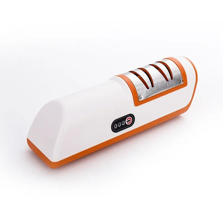 Electric Kitchen Knife Sharpener on countertop, Electric Kitchen Knife Sharpener dual-stage slots, Electric Kitchen Knife Sharpener ergonomic handle, Electric Kitchen Knife Sharpener sharpening a chef knife, Electric Kitchen Knife Sharpener compact design