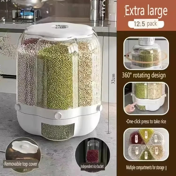 360° Rotating Rice Dispenser – 6-Grid Dry Grain Storage Box
