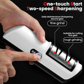 Electric Kitchen Knife Sharpener on countertop, Electric Kitchen Knife Sharpener dual-stage slots, Electric Kitchen Knife Sharpener ergonomic handle, Electric Kitchen Knife Sharpener sharpening a chef knife, Electric Kitchen Knife Sharpener compact design