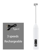 Type-C Rechargeable Milk Frother with USB-C cable, Type-C Rechargeable Milk Frother creating coffee foam, Type-C Rechargeable Milk Frother stainless steel body, Type-C Rechargeable Milk Frother portable handheld design, Type-C Rechargeable Milk Frother frothing cup of latte