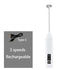 Type-C Rechargeable Milk Frother with USB-C cable, Type-C Rechargeable Milk Frother creating coffee foam, Type-C Rechargeable Milk Frother stainless steel body, Type-C Rechargeable Milk Frother portable handheld design, Type-C Rechargeable Milk Frother frothing cup of latte