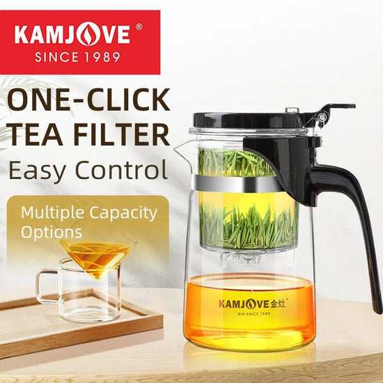 KAMJOVE Heat-Resistant Glass Teapot with Infuser – One-Button Filtering Tea Separation Kettle
