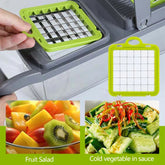 Multifunctional Vegetable Chopper with 8 blades, Multifunctional Vegetable Chopper and 1.2 L container, Multifunctional Vegetable Chopper slicing vegetables, Multifunctional Vegetable Chopper non-slip base in kitchen, Multifunctional Vegetable Chopper dishwasher-safe parts